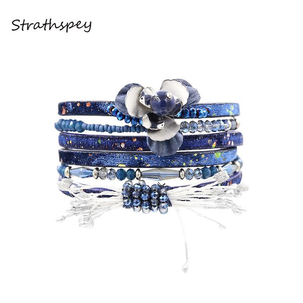 

strathspey bracelet fashion elegant women multi rows petal flower pu lather wrap bracelet & bangle black dark blue red brown, Golden;silver