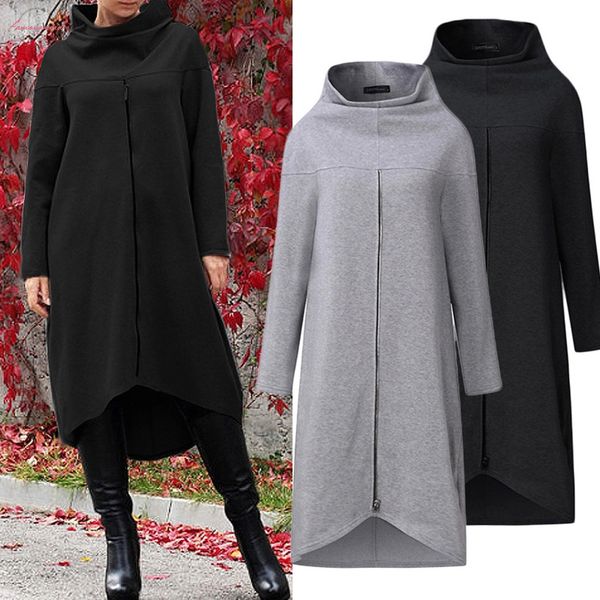 

women long shirt dress evening party high low asym split sweatshirt dress winter warm thickening plus size zipper pullover, Black;gray