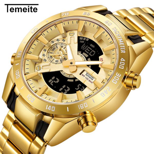 

Temeite Brand Gold Mens Quartz Watches Sport Digital Watch Men LED Dual Display Wristwatch Waterproof Luminous Relogio Masculino, Black