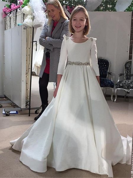 

formal white or ivory satin flower girl dress 3/4 sleeveless backless first communion birthday party dresses princess gown for wedding, White;blue