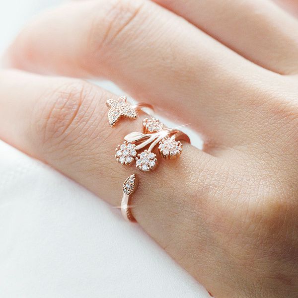 

ladies charms ring hollow rhinestone butterfly flower leaves open ring for women girl wedding rings adjustable knuckle finger jewelry xmas, Golden;silver