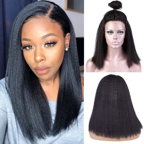 

kun hair kinky straight wig brazilian bob cut short lace front human hair wigs 150% density remy 13x4 pre plucked full end, Black;brown