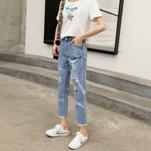 

denim jeans panty women spring summer style autumn 2019 new sequins perfume bottle print hole denim pants female, Blue