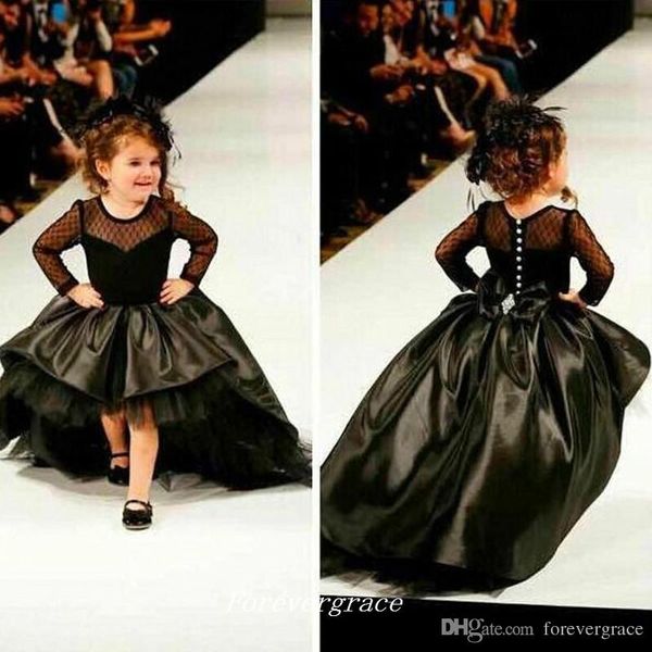 2019 vestidos de concurso de menina negra bonito com mangas compridas de alta qualidade alta baixa ocasião especial vestido flor meninas vestido