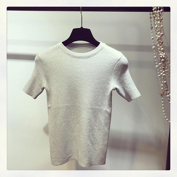 

blusa tumblr high stretch matched america european style tee short sleeve lurex 100% cotton yarn solid knitting corp top, White