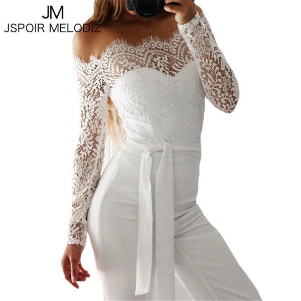 

solid elegant off shoulder lace jumpsuit summer style casual loose long pants overalls rompers for ladies women z3, Black;white