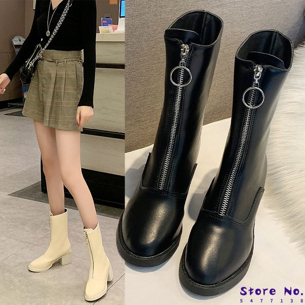 

white boots lace up women's rubber shoes rain low heels booties round toe zipper booties ladies chunky autumn rock mid calf, Black