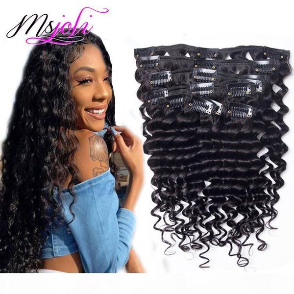 

virgin human hair clip in extensions unprocessed malaysian hair deep wave curly 7pcs natural color 140g full head wholesale price by ms joli, Black;brown