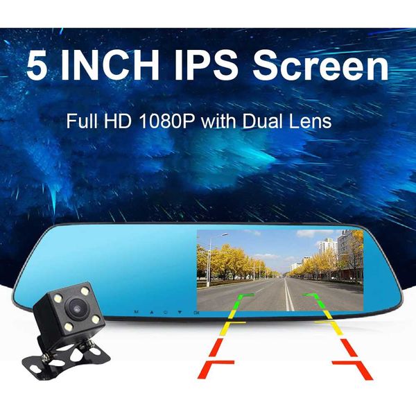 

night vision 1080p dash cam auto video recorder 5 inch ips screen car video recorder car rear view mirror dual lens camera