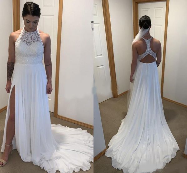 

unique design lace wedding dresses 2020 jewel neck bead high side split sweep train beach garden bridal gown castle church vestidoe de noiva, White