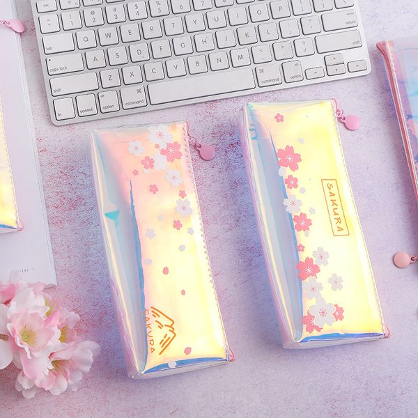

l132 creative stationery laser cherry blossoms pen bag beautiful pink girl heart accept bag simple transparent pencil