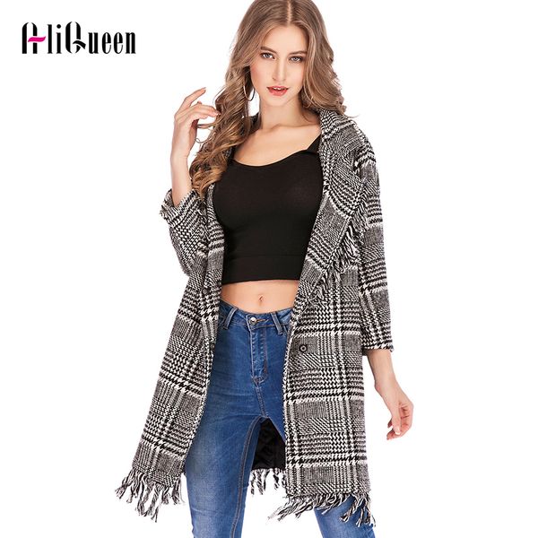 

tweed wool runway trench coat for women winter 2019 ladies casual houndstooth single-breasted noched collar tassel long coat, Tan;black
