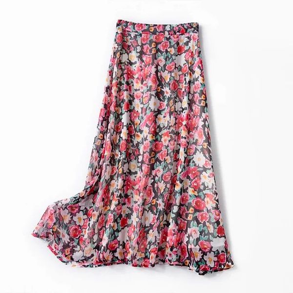 

women skirt 2020 summer new oil painting rose print button skirt, Black