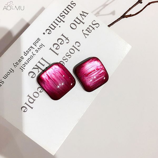 

aomu korea vintage s925 sterling silver pin dark purple fuchsia opal geometric square stud earrings for women girl party jewelry, Golden;silver