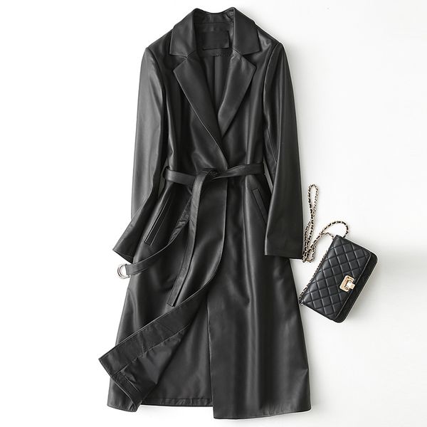 

genuine leather coat women spring autumn sheepskin leather jacket female soft touch with belt elegant npi 90322b, Black