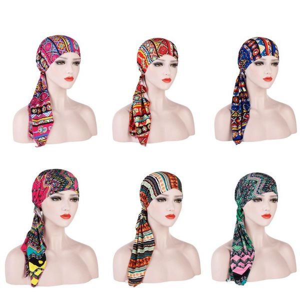 

women ethnic turban hat pre tied long tail beanie colored geometric stripes head wrap multifunction chemo cap sleep hair cover, Blue;gray