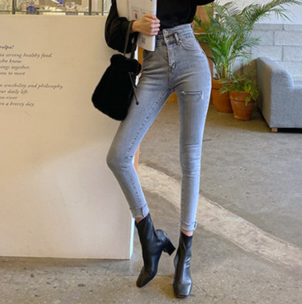 

korean edition spring new style 3 color fashionable high waist wear white holes cut short leg jeans tide, Blue