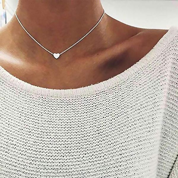 

women copper simple peach heart necklace lady love choker girl short collar clavicle chain, Silver