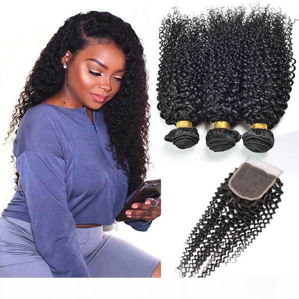 

mongolian virgin hair extensions bundles with 4x4 lace closure 4pieces lot kinky curly 8a wholesale human hair wefts with closure baby hair, Black;brown