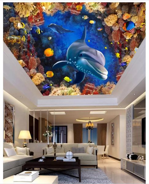 Custom Large 3d Ceiling Photo Wall Paper Underwater World Aquarium Dolphin Bedroom Living Room Zenith Ceiling Mural Wall Stickers Wallpapers