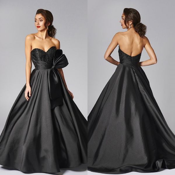 

black ball gown prom dresse strapless sleeveless satin applique bow ruched party dress sweep train robes de soirÃ©e