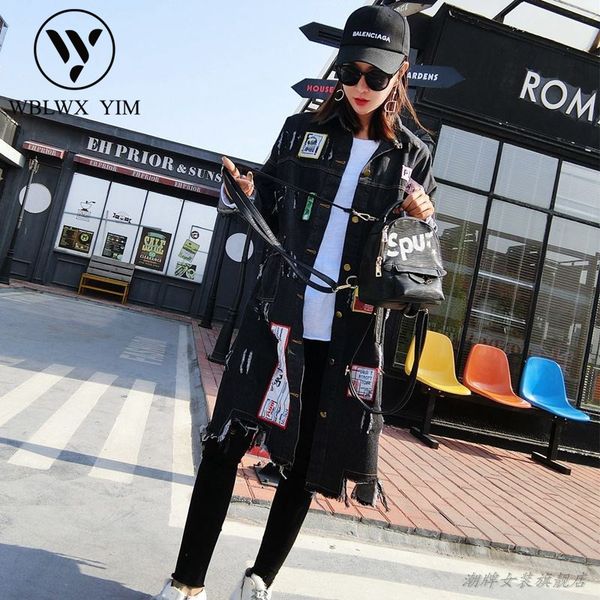

2019 harajuku long denim jacket womens fashion patch sequins loose jeans jacket women basic jackets female streetwear denim coat, Black;brown