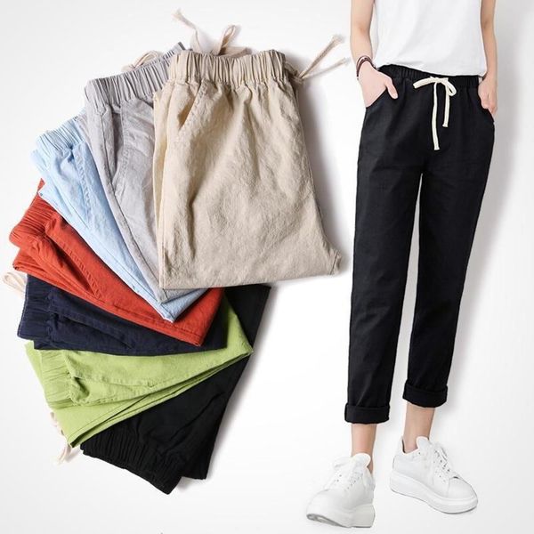 

women 2019 casual cotton linen pants solid elastic waist straight pants spring summer loose female trousers clothing, Black;white