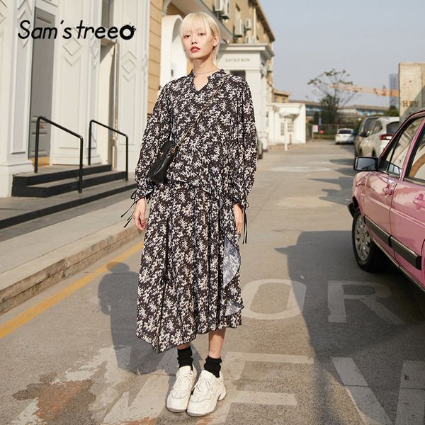 

sam's дерево черный цветочный принт boho сплит платье женщины 2020 весна новый элегантный шифон узелок втулки вскользь ladies ежедневное пла, Black;gray