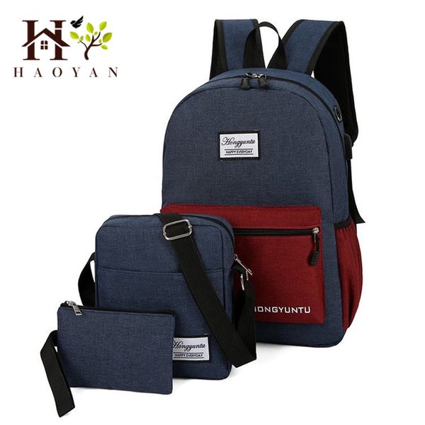 

haoyan fashion men's usb rechargeable lapbackpack 3pcs/set large capacity multi-function women travel bag