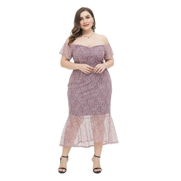 

2020new plus size clothing 4xl solid color lace women summer clothes fat sister strapless large slim tube shoulder dress long skirt, Black;gray