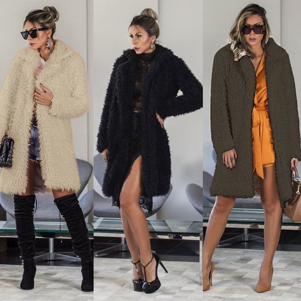 

fashion solid color fashion lapel sweater women casual loose long plush coat women's casual sweaters, White;black