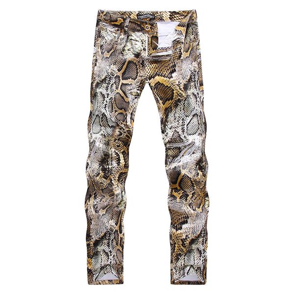 

men's jeans new fashion snakeskin print denim pants slim colored stretch trousers streewear casual style ripped jeans for men, Blue