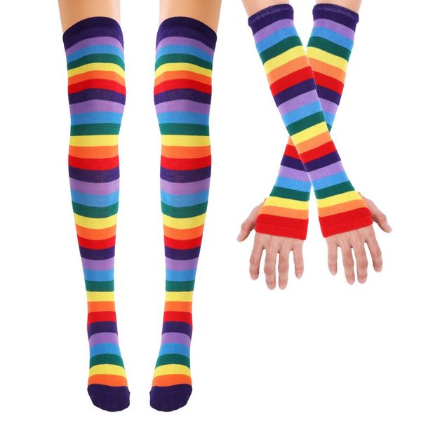 

1pair high socks and 1pair fingerless gloves set rainbow striped arm warmer thigh knee stockings marry christmas gifts present