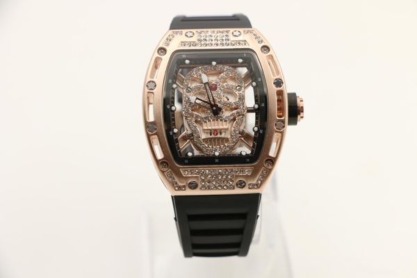 

skull tourbillon tonneau mens wristwatch 43mm diamond skeleton quartz watch watches transparent sapphire glass back, Slivery;brown