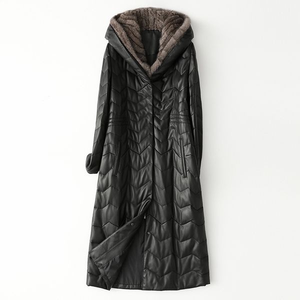 

leather down coat women winter long mink hoodie black large pockets genuine leather jackets plus size loose outwear