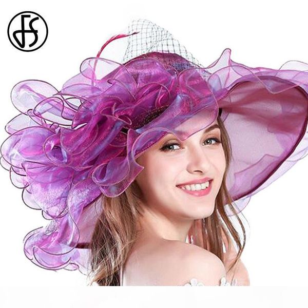 

fs 9 colors fashion summer organza sun hats for women elegant laides church vintage hat wide large brim with big flower d18103006, Blue;gray