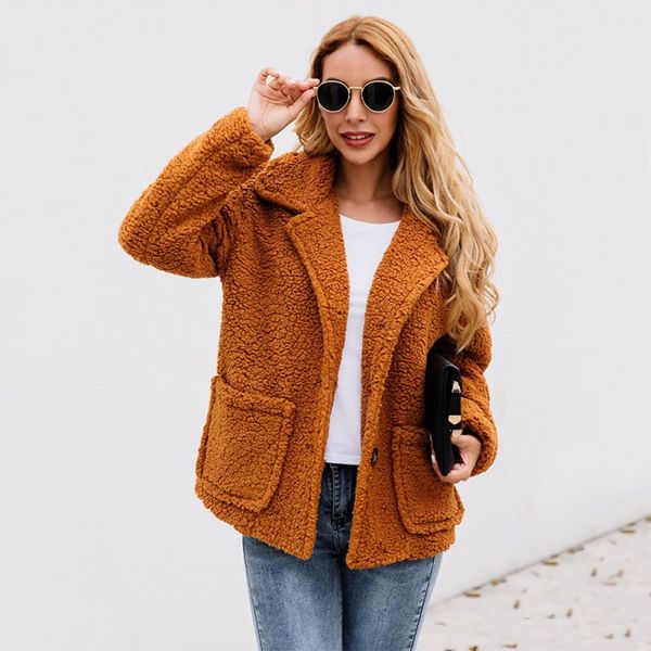 

женщины solid color coat осень зима сыпучие повседневное длинный рукав теплый кашемир шерстяное пальто дама моды карманный отворот смешать c, Black