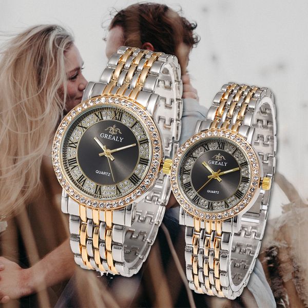 

бизнес пара смотреть мужская женская повседневная нержавеющая сталь алмаз кварцевые часы женское платье пара часы подарок relogios feminino, Slivery;brown