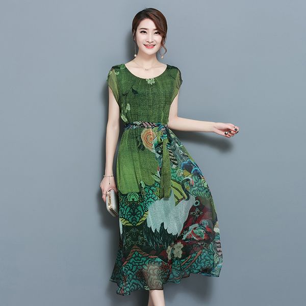 

vintage green floral print dresses women o-neck short sleeve silk dress elegant sashes mid-calf vestido plus size spring summer, Black;gray