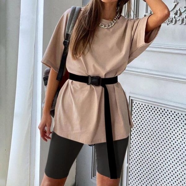

2020 summer t shirt and biker shorts two pieces set sashes women o neck 2 piece set with belts household clothing, White;black