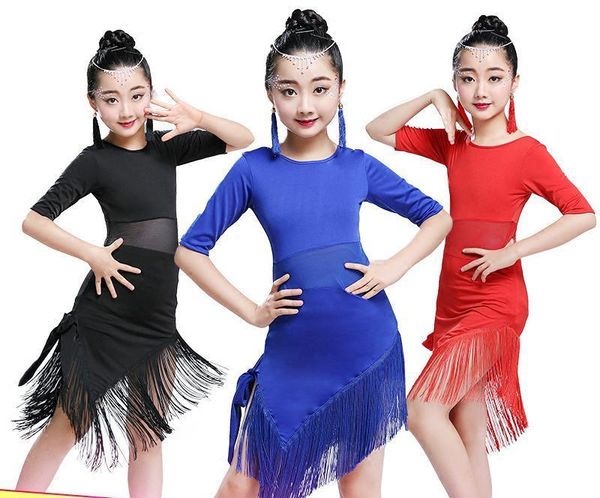 

tassel latin dance dress for girls children salsa tango ballroom dancing dress competition costumes kids practice dance clothing, Black;red