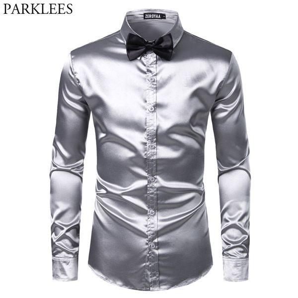 

mens silver silk shirts+bowtie 2019 luxury satin smooth dress shirt men casual button down party prom tuxedo shirts chemise, White;black