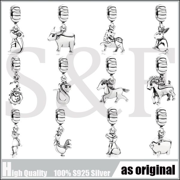 

100% real 925 sterling silver charms 12 animal chinese zodiacs dog tiger pig rat pendant fashion women fit bracelet & necklace, Bronze;silver