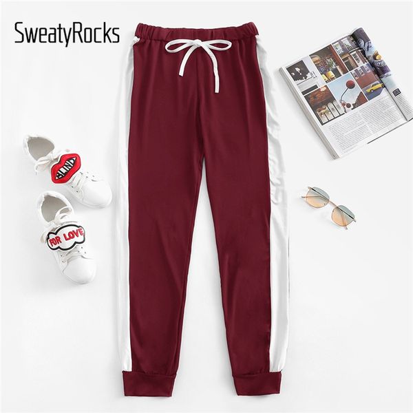 

sweatyrocks burgundy contrast panel side sweatpants activewear drawstring long pants women casual trousers workout harem pants, Black;white