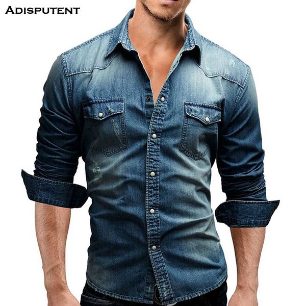 

men's dress shirts adisputent turn-down collar long sleeve men denim shirt with pocket casual high street fit male cotton camisa hombre, White;black