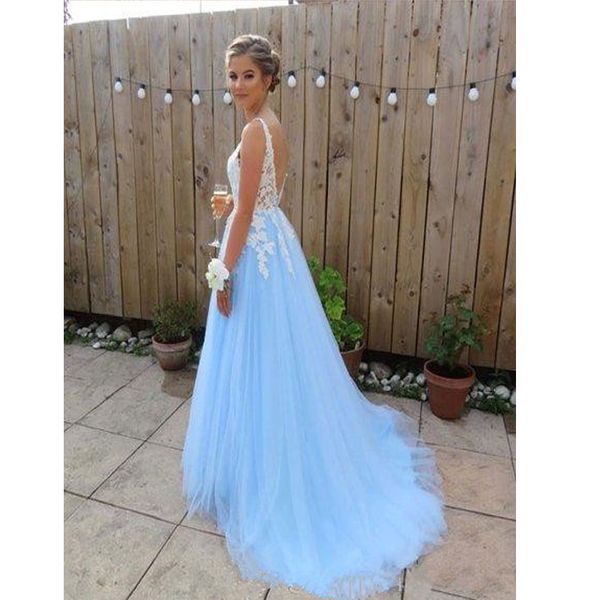 

elegant white lace light sky blue tulle deep v neck prom dresses backless full length long homecoming evening party dress, White;black