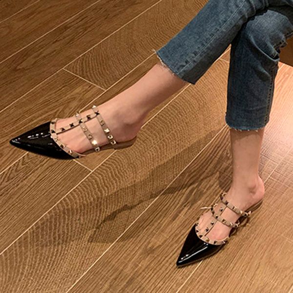 

plus size 42 pointed toe slippers mules shoes women genuine leather rivet flat sandals shoes s37, Black