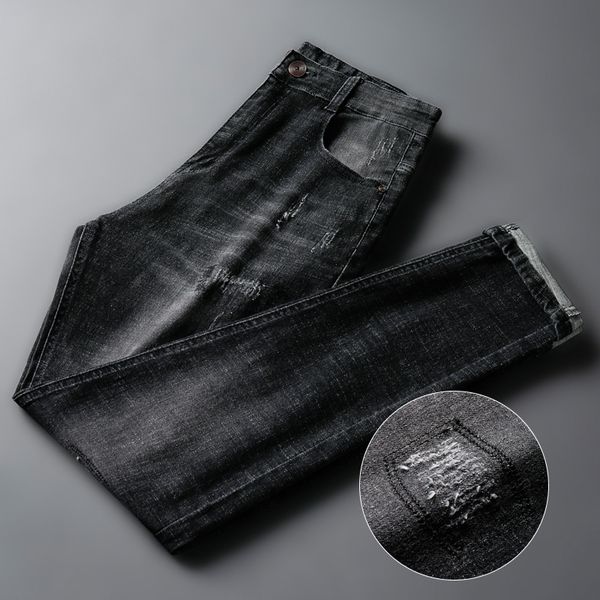 

autumn new style with holes jeans men's trend korean-style elasticity slim fit pants embroidered labeling patch pants men, Blue