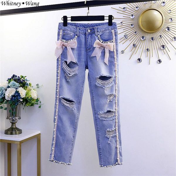 

whitney wang 2019 summer fashion streetwear side pearls beading bow ripped jeans women denim pants, Blue