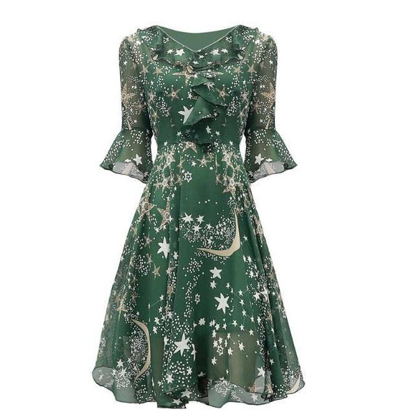 

Summer Floral Print Dress Women Casual Dress Chiffon Flower Pattern V Neck Ruffle Tunic Elegant Empire High Waisted Woman Dress